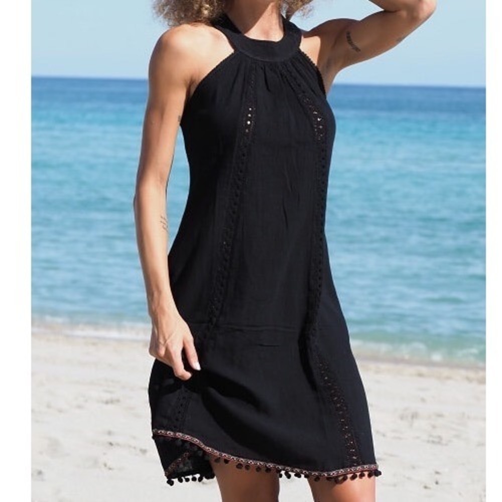 Cotton Natural‎ Halter Dress Women S Black Excellent Boho Pom Pom Trim Gauze